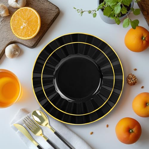 150Pcs Plastic Plates with Gold Rim,Heavy Duty Black Plates for 30 Guests,Plastic Dinnerware Set Include 30 Dinner Plate,30 Dessert Plate,90 Gold Cutlery Set for Party (Black) - color: Black