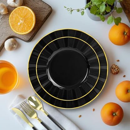 150Pcs Plastic Plates with Gold Rim,Heavy Duty Black Plates for 30 Guests,Plastic Dinnerware Set Include 30 Dinner Plate,30 Dessert Plate,90 Gold Cutlery Set for Party (Black) - color: Black