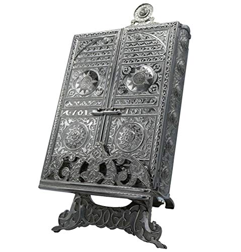 Modefa Turkish Islamic Home Table Decor - Decorative Quran Box - Elegant & Luxurious Book Stand - Ornate Metal Quran Holder with Intricate Detailing (Silver)