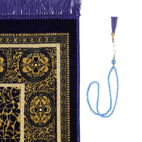Muslim Prayer Rug, Soft Plush Thin Islamic Prayer Mat, Janamaz, Sajada, Praying Carpet, Islamic Gift for Men & Women, Islamic Ma, Eid & Ramadan Gift with Prayer Beads, 26x43 inch, Sky Blue - color: Diriyah / Skyblue