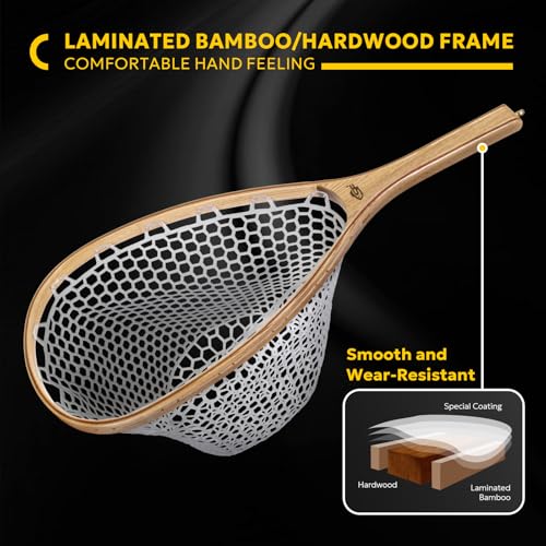 SF Fly Fishing Landing Net Soft Rubber Mesh Trout Net Catch and Release Net - style: Round Head Combo-elm Wood C