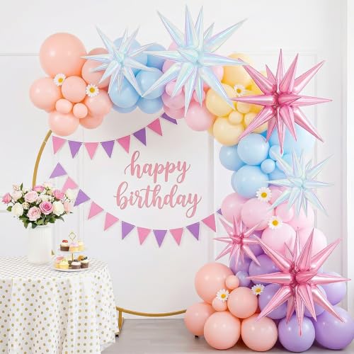 9Pcs Pink Iridescent Star Balloons, Spike Foil Balloons Girls Party Decor - color: Iridescent + Light Pink