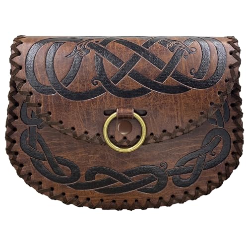 HiiFeuer Viking Embossed Belt Bag, Nodic Pattern Side Pack,Vintage Pouch - color: Brown A