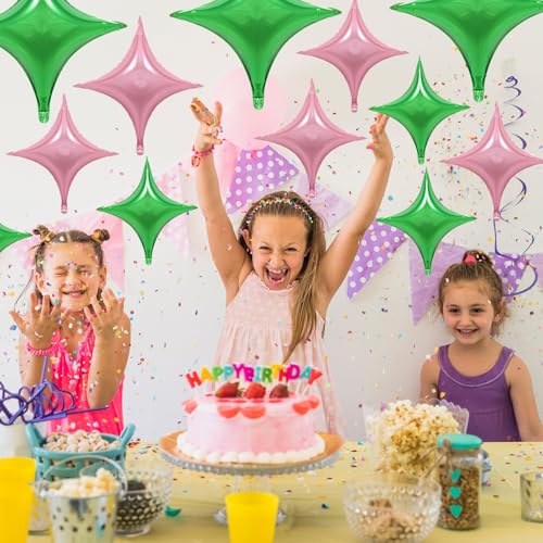 Pink Green Star Balloons,12Pcs Four Angle Star Foil Balloons - color: Pink Green