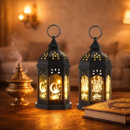 Retisee 2피스 17.8cm(7인치) 라마단 대형 이드 무바라크 랜턴 문 스타 벽걸이 LED 랜턴 홈 파티오 테이블 웨딩 센터피스 축제 장식용 (2가지 스타일, 블랙) - color: 블랙., size: 2 Styles