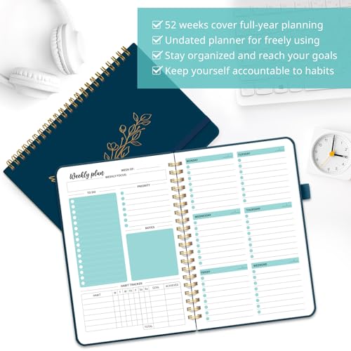 Taja Undated Weekly Planner, Weekly To Do List Notebook with Goal & Habit Tracker Organizer, A5 Weekly Planner Notebook with Spiral Binding, 6.1" x 8.2" - Navy - color: i.Navy