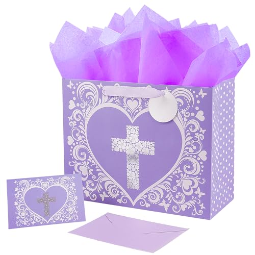 JWSCYSY 12.6" Large Purple Gift Bag with Metallic Silver Floral Cross Design, Card and Tissue Paper for Baby Girl Baptisms, Christenings, First Communions Religious - color: Purple 12.6"
