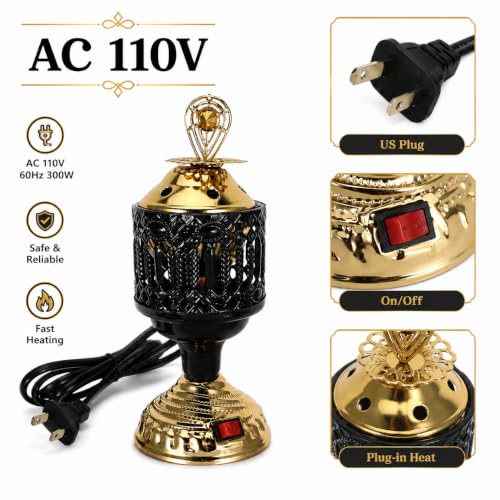 NOLITOY Mini Electric Mabkhara Incense Burner, Decorative Metal Diffuser Holder, Plug in Flame-Free Bukhoor Chips Heater for Home Office Yoga Meditation Room
