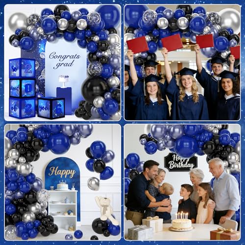 Amandir 153pcs Blue and Black Balloons Arch Garland Kit Different Sizes 18 12 10 5inch Metallic Silver Royal Dark Navy Blue Latex Confetti Graduation Balloon Birthday Space Retirement Party Supplies - color: Blue Black