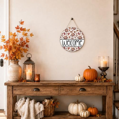 Smile Fall Football Welcome Wooden Round Door Hanger, Autumn Leaves Front Door Sign for Thanksgiving Game Day Decorations - style: Welcome Football