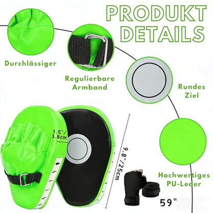 3-in-1 Boxing Gloves and Punching Mitts Set for Kids, Boxing Mitts Focus Pads with Hand Wraps for Kid, Youth Leather Punching Equipment Gloves Set for MMA, Karate, Muay Thai, Taekwondo - color: Green