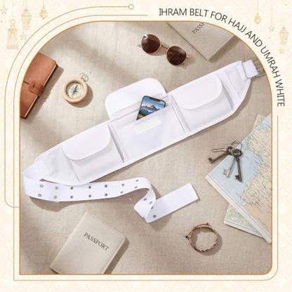 Dansydaisy Ihram Belt for Hajj and Umrah White Adjustable Ihram Waist Belt with Zippered Pockets Fits 32" up to 52" - style: 3 Pocket