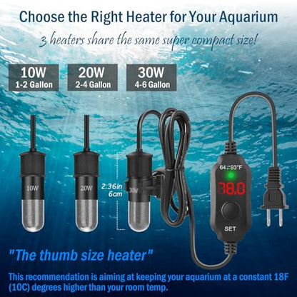 20W Mini Aquarium Heater for 2-4 Gallon Tanks | Submersible Fish Tank Heater with Digital Thermostat, Dry-Run & Overheat Protection, Memory Function - size: For Aquariums ≤ 4 Gal