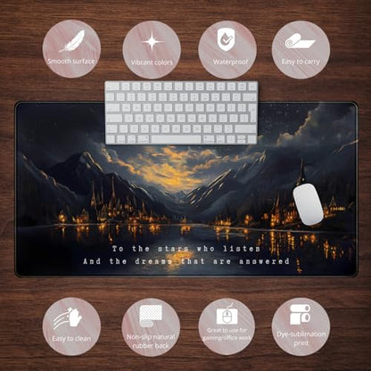 Starry Night Mountain Desk Pad Mat Moon Oil Painting XXL Black Mouse Pad for Gaming Deskpad, Aesthetic Moon and Stars Mousepad Xxl for Laptop Computer Mouse Game Keyboard Mat, 31.5 X 15.8 In - color: Night Castle