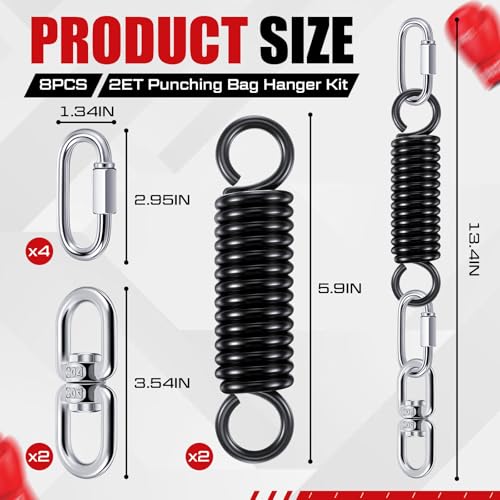 Zonon 8 Pcs Punching Bag Hanger Kit Heavy Bag Spring M8 Double Eye Swivel with Snap Hook Stainless Steel Heavy Bag Hanger for Boxing Bag, Gym Swing, Trapeze, Hammock up to 1000lbs