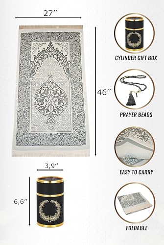 ihvan online Muslim Prayer Rug and Prayer Beads with Elegant Design Cylinder Gift Box, Janamaz, Soft Sajadah, Islamic Gifts Set, Portable Prayers Carpet Mat, Taffeta Fabric, Black - color: Black/Mod3