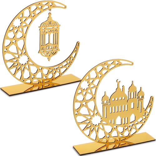 2 Pieces Ramadan Decorations for Home Islamic Eid Mubarak Kareem Table Sign Crescent Moon Hollow Star Ornament for Muslim Party Ramadan Table Decor Art Craft Decoration Golden Moon