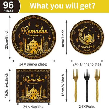 EUOYUFO 96Pcs Ramadan Party Tableware Set Eid Ramadan Mubarak Paper Plates Napkins Forks Ramadan Decorations for Home Party Supplies Serve 24 Guests : Home & Kitchen