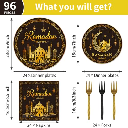 96피스 라마단 파티 식기 세트 이드 라마단 무바라크 종이 접시 냅킨 포크 라마단 장식 홈 파티 용품 24인용 - color: 블랙.