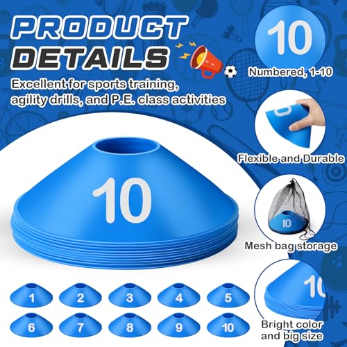 10 Pcs Numbered Sports Disc Cones 1-10 Soccer Cones with Mesh Carry Bag Flexible Agility Cones Soft Field Cones for Gym PE Classes School Activities Games, Sports Training Equipment - color: Blue