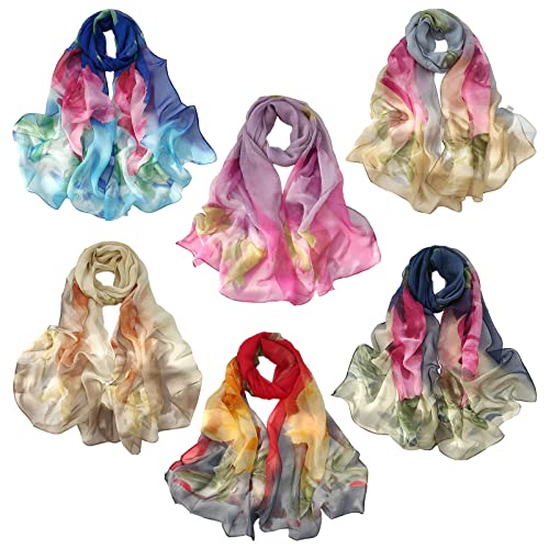 amokk 6 Packs Fashion Scarves for Women Lightweight Chiffon Scarfs for Women Summer Shawl Warp Floral Head Scarf - color: Color-2