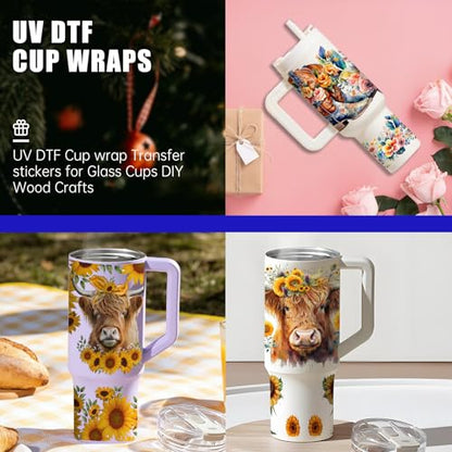 6 PCS Colorful Cow UV DTF Stickers, UV DTF Cup Wrap for 40oz | Vibrant washable UV DTF cup wrap transfers with strong adhesion for glass cups, mugs and smooth hard surfaces - style: Colorful Cow