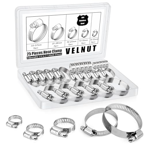 Stainless Steel Hose Clamps Assortment Kit, 25 Pieces Worm Gear Hose Clamp Adjustable 1/4 to 2-1/4in, Fuel Line Clamp for Plumbing, Automotive And Mechanical Applications