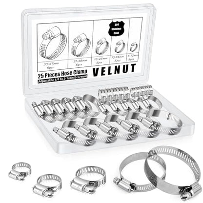 Stainless Steel Hose Clamps Assortment Kit, 25 Pieces Worm Gear Hose Clamp Adjustable 1/4 to 2-1/4in, Fuel Line Clamp for Plumbing, Automotive And Mechanical Applications