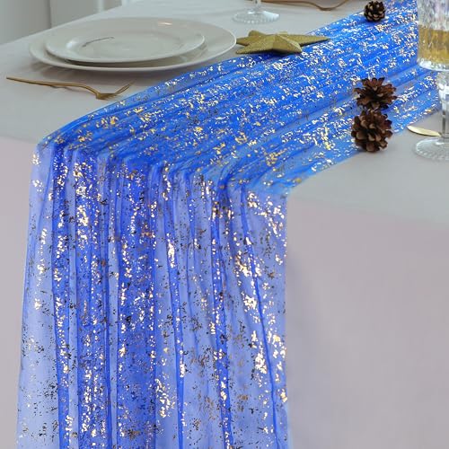 Snowkingdom Royal Blue Gold Table Runner 10 FT 120 Inch, Sparkle Sequin Glitter Metallic Foil Cheesecloth Sheer Gauze Chiffon Tulle Luxury Table Decorations for Wedding Party Birthday Graduation - color: Blue Gold, size: 10FT/1Pc