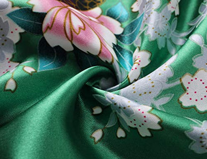 BABEYOND Women's Kimono Robe Long Satin Robes with Peacock and Blossoms Printed Kimono Nightgown - color: Green, size: One Size Plus
