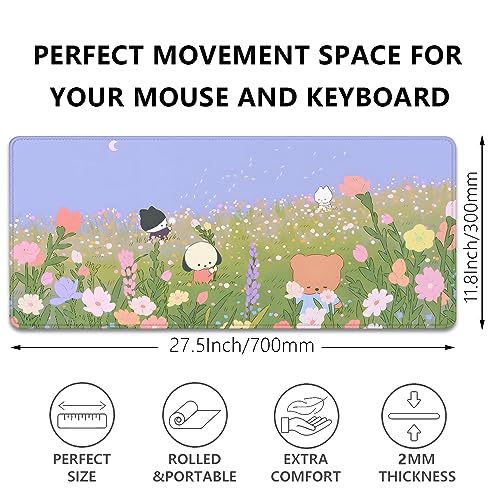 Flower Desk Pad Mouse Pad，Large Cartoon Cute Mouse Pads with Stitched Edges,Non-Slip Waterproof Rubber Base,Kawaii Nature Desk Mat for Desktop,Keyboard Pad for Office Home Work(27.5X11.8 in) - color: Bear and Flower