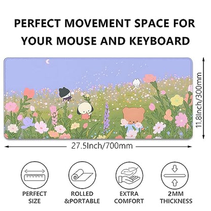 Flower Desk Pad Mouse Pad，Large Cartoon Cute Mouse Pads with Stitched Edges,Non-Slip Waterproof Rubber Base,Kawaii Nature Desk Mat for Desktop,Keyboard Pad for Office Home Work(27.5X11.8 in) - color: Bear and Flower