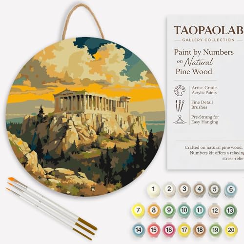 Greek Historical Landmark Paint by Numbers Kit for Adults on Wood Board – DIY Parthenon on Rocky Hill Wood Craft Painting Kit, 12 in Round, Acrylic Paint Set,Beginner-Friendly,Relaxing Home Decor Gift - color: FM06771