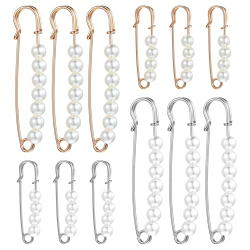 Oruola 12 Pcs Pearl Pins for Clothes, 2 Sizes Pearl Brooch Pins, Fashion Faux Pearls Brooch Pin for Women, Pearls Brooches Safety Pin for Clothes, Dress Pants Skirt Accessories (Gold & Silver)
