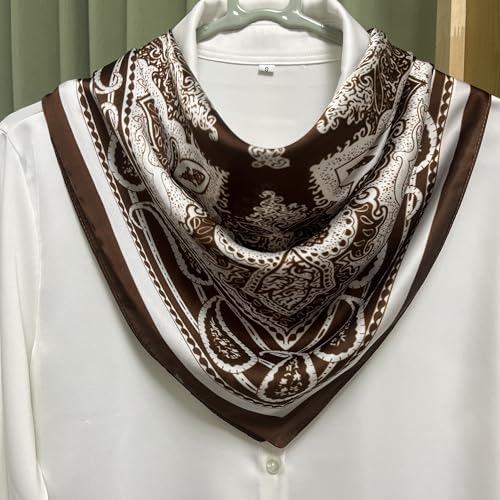 FONYVE Silk Feeling Scarf Medium Square Satin Head Scarf for Women 27.5 × 27.5 inches - color: 04 Brown Paisley
