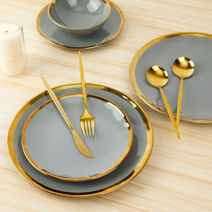 Pokini Porcelain Luxury Dinnerware Sets, Modern Plates and Bowls Sets for 4, Highly Chip and Crack Resistant, Grey and Gold Rim China Dishes Set for Wedding Anniversary - color: Grey and Gold