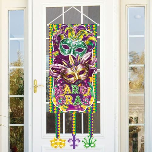 DPKOW Mardi Gras Door Banner Mardi Gras Decorations, 86x33cm Fabric Purple Green Gold Hanging Door Sign Decor Fat Tuesday Decorations Indoor Outdoor Decor Fat Tuesday Party Favors - color: Mardi Gras