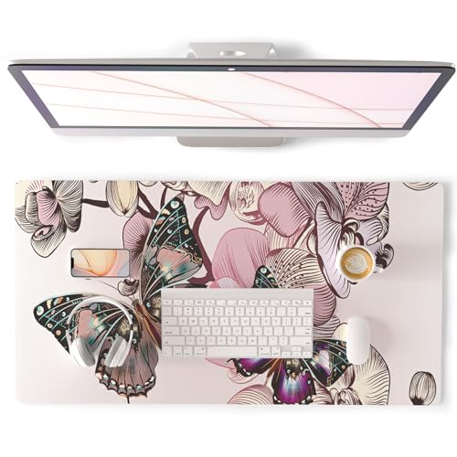 QiyI PU Leather Large Mouse Pad, Office Decor, 31.5" x 15.7", Butterflies | Desk Décor Accessories, Extended Size, Waterproof & Easy to Clean, Smooth Surface, Non Slip Desk Organization - color: Floral Butterflies, size: 31.5" x 15.7"
