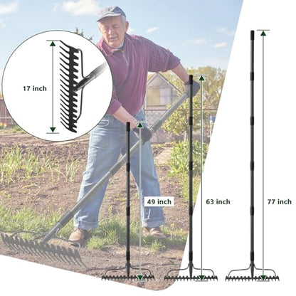49'' Bow Rake ，17 Tines Metal Head Rakes with Stainless Steel Handle，Heavy Duty Garden Rake for Loosening Soil Gathering Leaf Leveling Lawn Farming Land Management Yarn Thatch Rake - style: 49inch