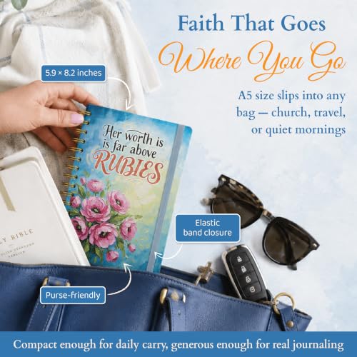 Hardcover Blank Spiral Christian Notebook – 140 Quality Pages | Lined Pages with Bible Verse Cover – Inspirational Writing Notebook for Bible Study, “Her Worth Is Far Above Rubies" - color: Rubies
