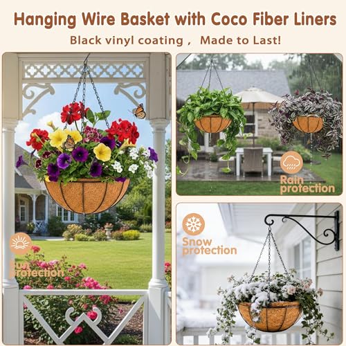 14 inch Metal Hanging Baskets For Plants Outdoor 4 Pack Round Metal Wire Hanging Basket Planter with Coco Fiber Liners Chain Round Wire Plant Holder for Garden, Patio, Deck, Porch Plants Flower Potss - size: 14 Inch, style: Watermelon