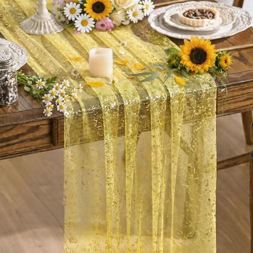 Artoid Mode Light Yellow Gold Gauze Table Runner 120 Inch 10FT, Glitter Metallic Foil Sheer Dining Wedding Anniversary Holiday Birthday Table Decor for Home Party - color: Yellow, size: 28" x 120"