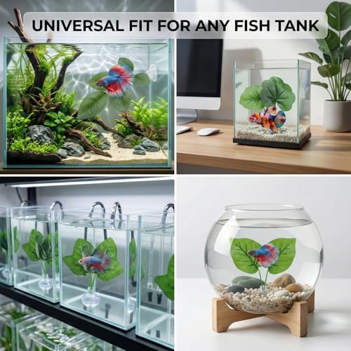 4 Pack Betta Fish Leaf Pad Hammock, Natural Habitat Aquarium Decorations for Resting and Breeding, Suction Cup Betta Bed for Small to Large Tanks (Green)