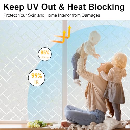 Window Privacy Film, Frosted Glass Static Cling with No-Adhesive Tile Shape Window Cover, Vinyl Stickers for Home Office Glass Sticker Decoration, 17.5 x 78.7 inches