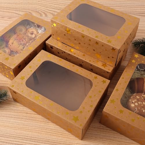24 Pack Christmas Cookie Boxes,Gold Star Bakery Boxes with Window (9x6x3 Inch),Sturdy Pastry Boxes for Baked Goods,Treat Box for Holiday Gift Exchange, Cookie Tins with Lids for Gift Giving - color: Gold Star-Brown