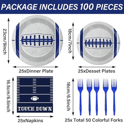 Qyeahkj 25 Guests Cowboys Football Party Plates and Napkins Supplies American Football Team Platters Tableware Set Touch Down Blue & White Decor Favors for Football Fans Boy Sports Team Theme Party - style: Cowboys Football