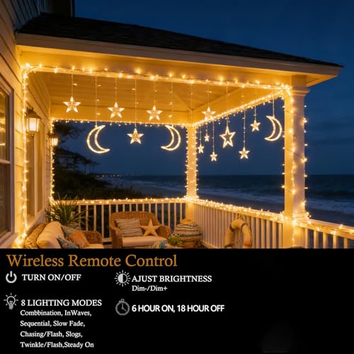 138 LED Star Moon Lights, Twinkle Christmas Curtain String Lights with 8 Modes, Battery Operated Fairy Star Moon with Hooks, Hanging Decor for Ramadan, Bedroom, Wedding, Warm White - size: 138 LED