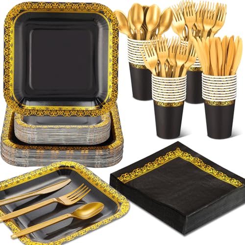 meekoo 350 Pcs Black Party Dinnerware Set Disposable Paper Plates for 50 Guests 9in and 7in Dinner Dessert Plates Napkins Gold Rim Plastic Cups Knives Forks Spoons for Party Wedding(Square) - color: Black, style: Square
