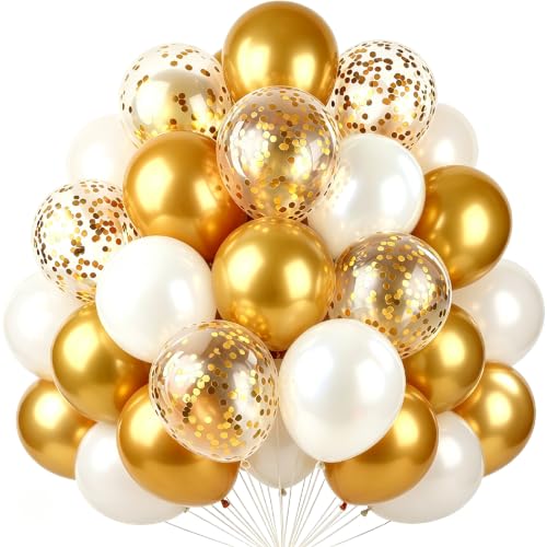 Gold and White Balloons Gold Confetti, Golden Birthday Party Decorations - color: White and Gold