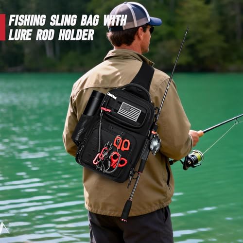 Fishing Sling Bag, Fishing Bag With Rod Holder Fixed Stickers, MOLLE System, Soft Bait & Gear Storage, Gift for Men Black - color: Black